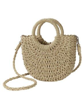 Woven Straw Beach Bag for Womem Top Handle Khaki Crossbody and Shoulder Strap